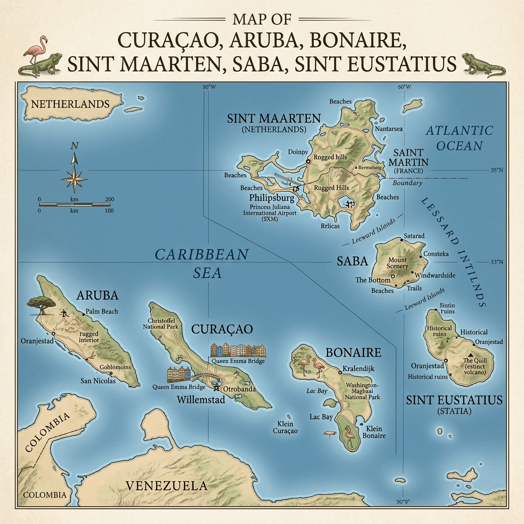 De Nederlandse Antillen bestaan uit: Curaçao, Aruba, Bonaire, Sint Maarten, Saba, Sint Eustatius