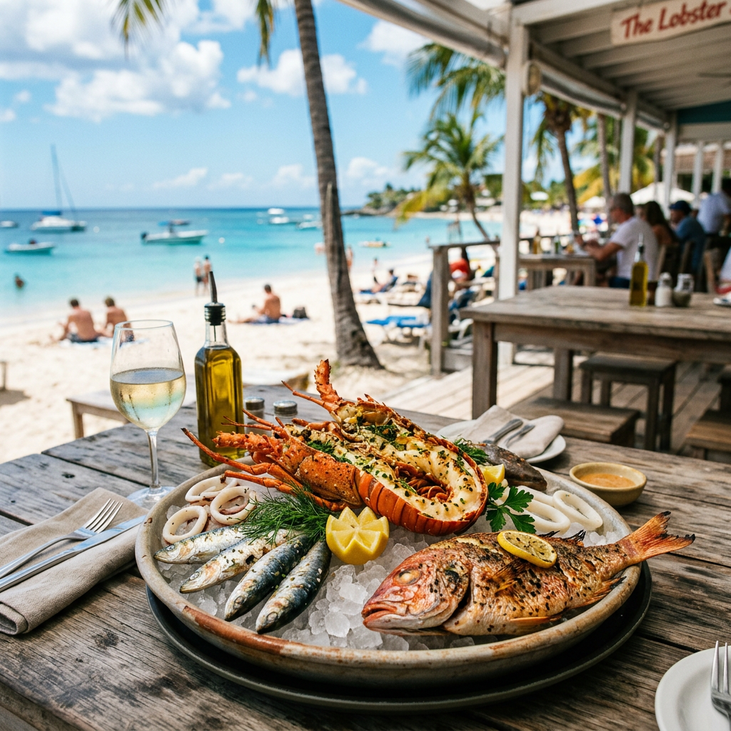verse vis en kreeft eten in een restaurant op Bonaire