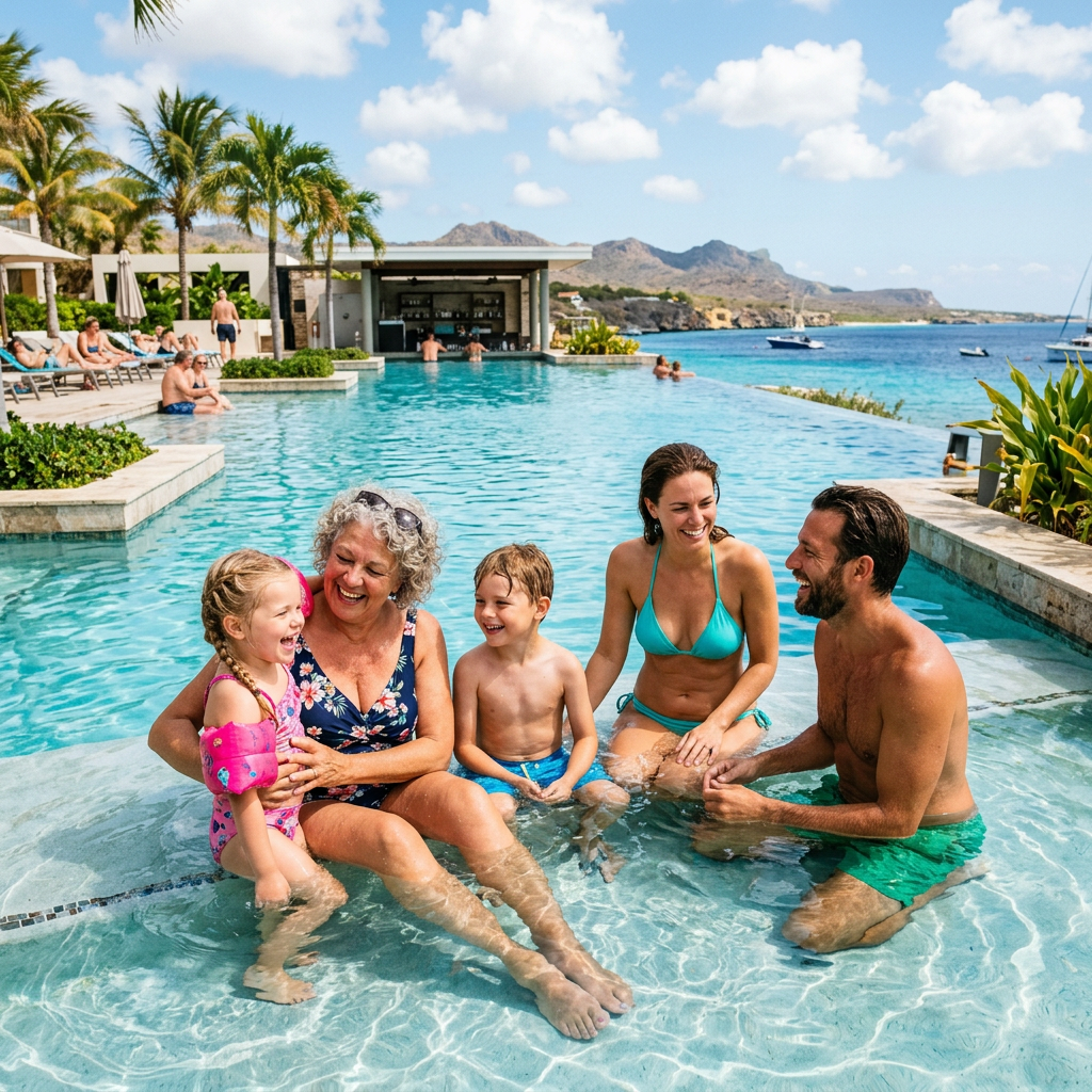 met het hele gezin inclusief opa en oma en de kinderen in een zwembad bij een hotel op Bonaire